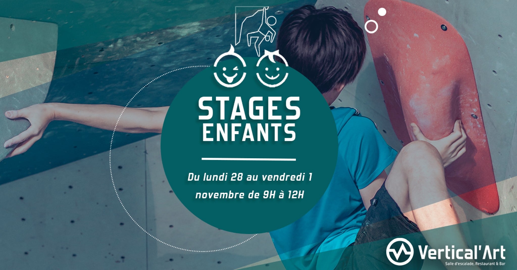 stage enfant à Vertical’Art Nantes - vacances de la Toussaint - salle d'escalade restaurant et bar - jeu - grimpe - entrainement - moniteur diplômé -