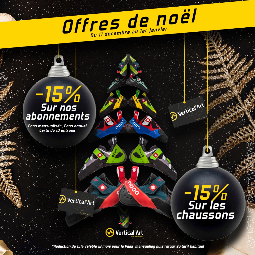 Offres de Noël à Vertical'Art : 15% sur les formules de grimpe et les chaussons