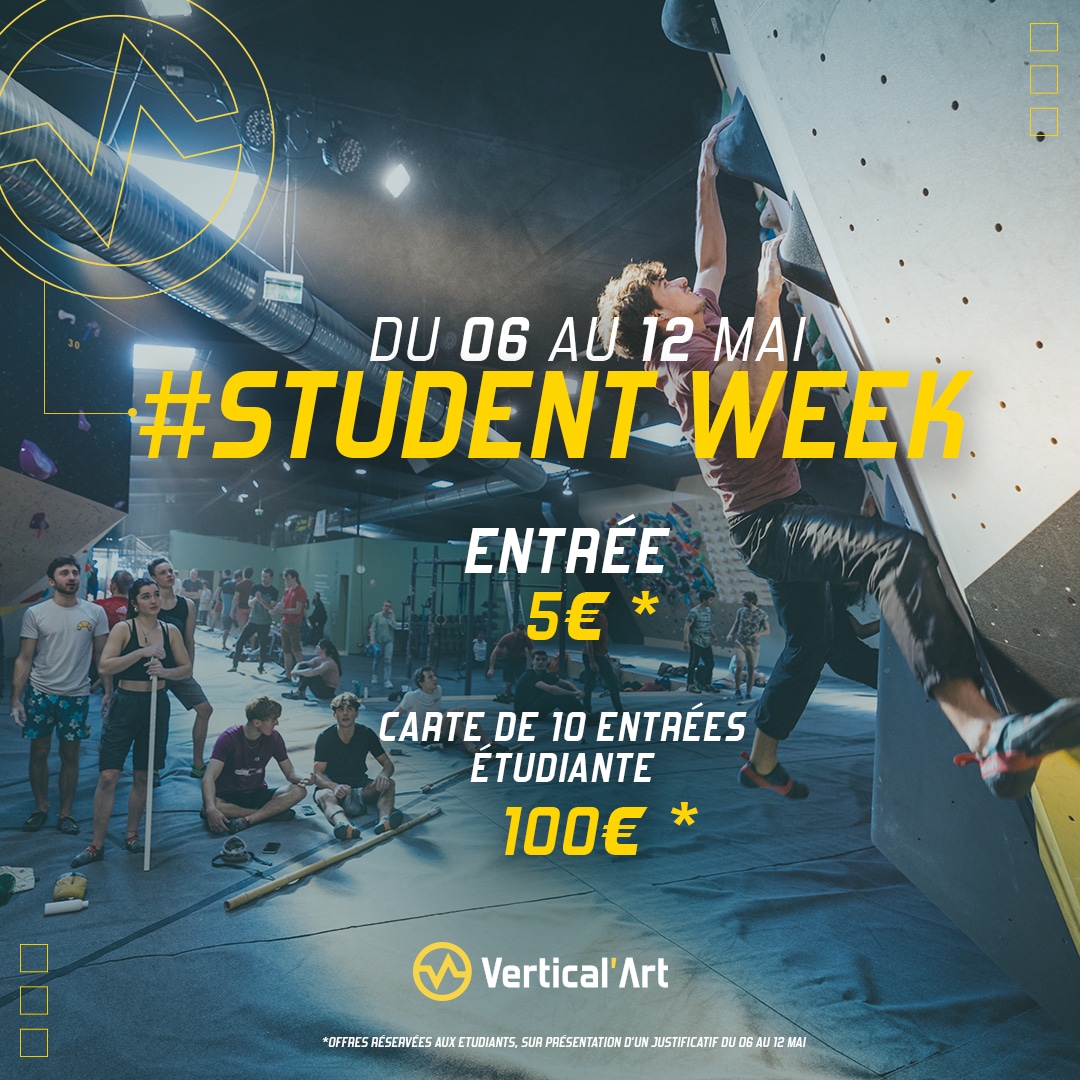 Student Week du 6 au 12 mai : Entrée à 5€ et carte de 10 séances à 100€ pour les étudiants à Vertical'Art Nantes